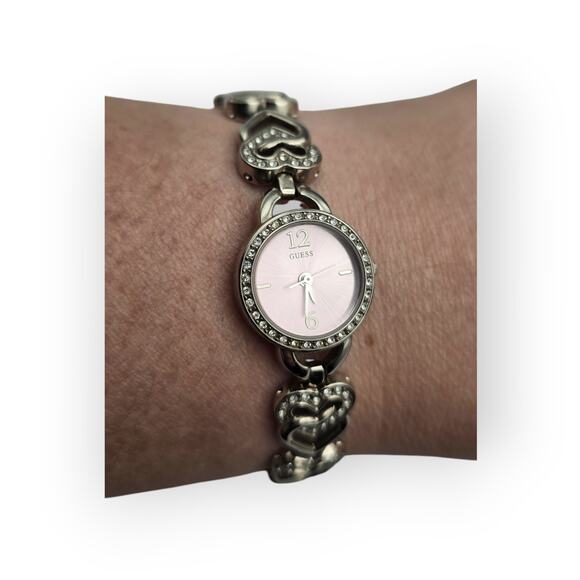 Guess Silver Rhinestone Heart Link Pink Dial Bracelet Watch - Picture 2 of 8